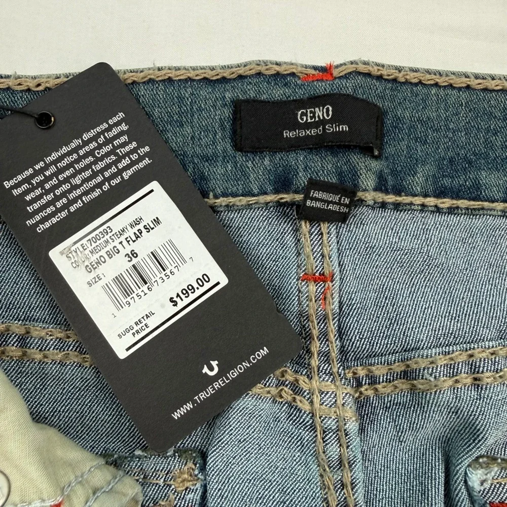 True Religion Geno Big T Flap Slim Jeans Medium Steamy Wash Red Stitch 36X32 NEW